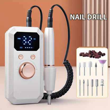 Electric Nail Drill Rechargeable 11 Grinding Heads & 20 Sanding Rings High-Speed Nail Grinder Machine for Acrylic Gel Natural Nails - Home Salon Manicure Pedicure Tool, Grey Rose Gold White