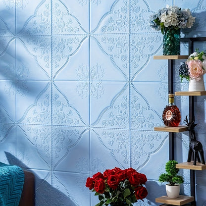 Fifty-Piece Embossed Floral-Curve Wall Tile Sticker Set with 35 cm Square Panels in Four Colors