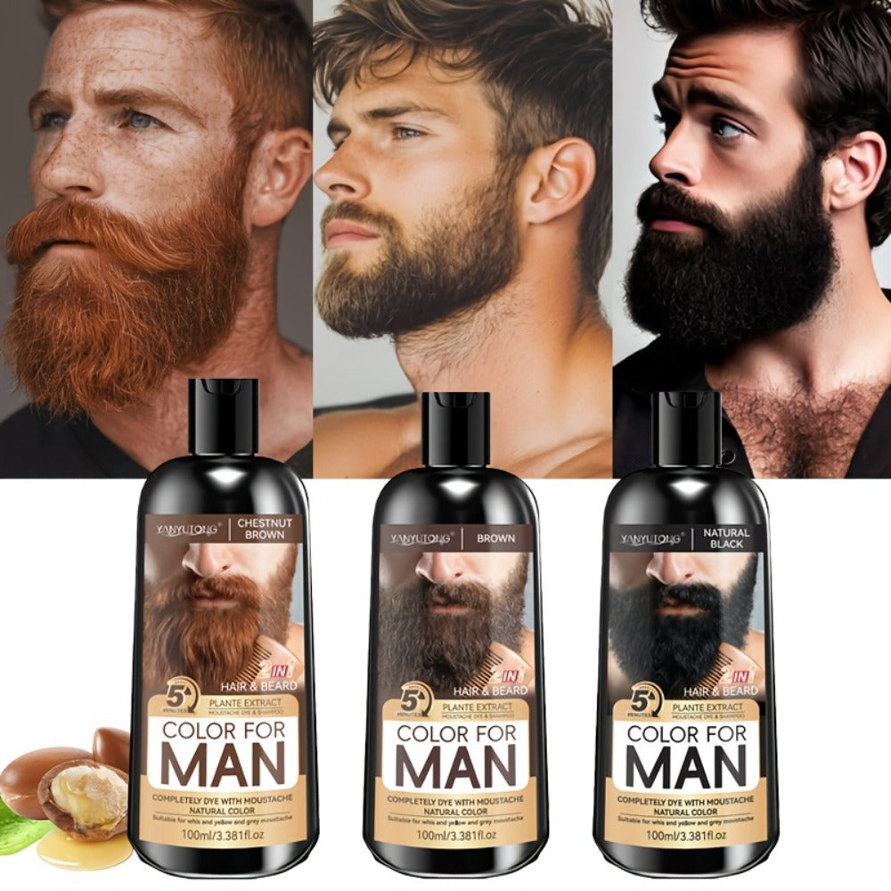 Gray Beard Dye Shampoo for Men 2-in-1 Semi-Permanent Natural Sulfate-Free Formula — Colors & Conditions in One Step, Fast Gray Coverage for Beard Sideburns & Hair, Black Brown Chestnut Brown