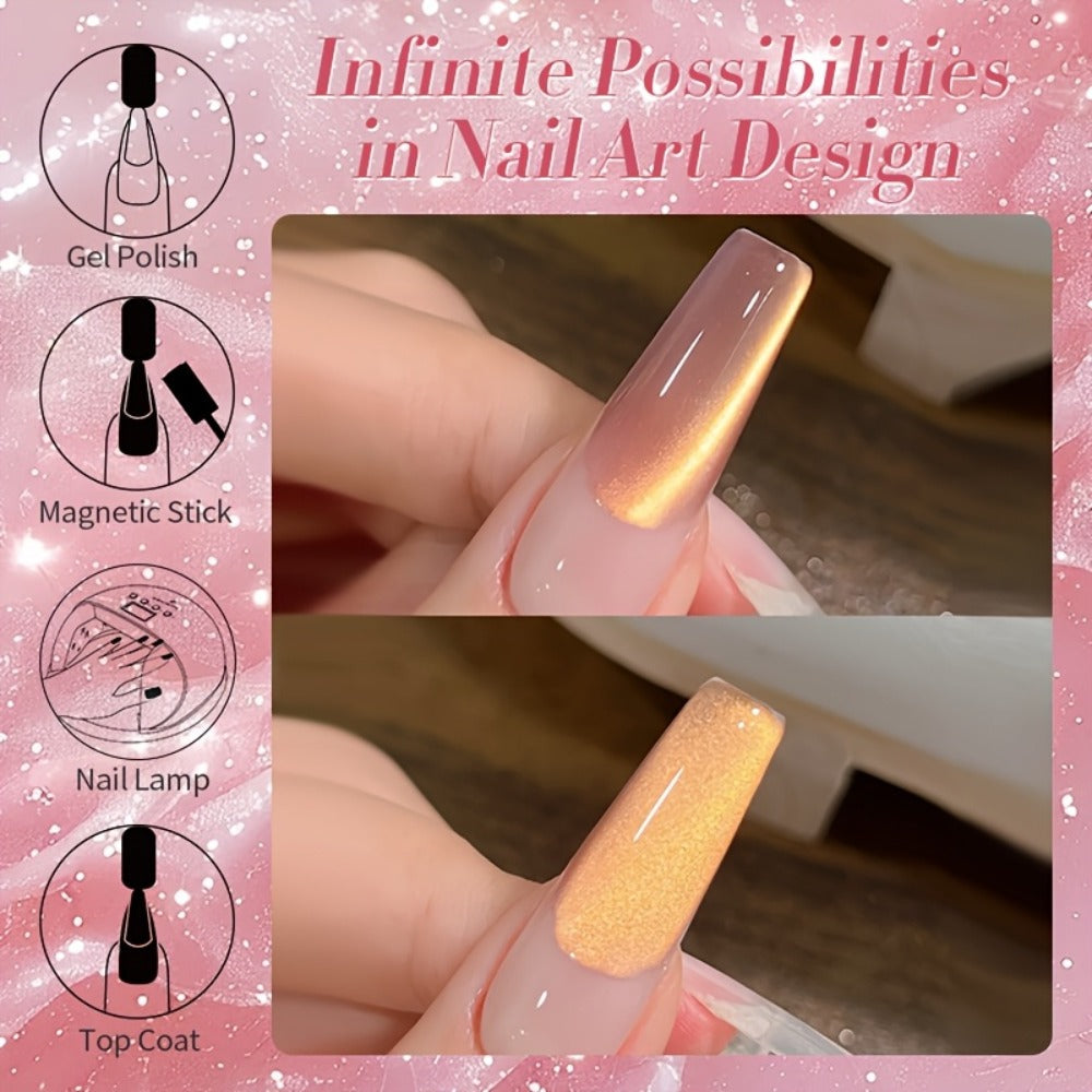 Gel Nail Polish – Cat Eye Magnetic Set BORN PRETTY Nude Golden Glitter 2 Colors Ultra Shine Semi-Permanent UV LED Soak Off Long Lasting…