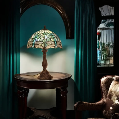 Table Lamp with Dragonfly-Motif Stained Glass Shade, 18-Inch Metal Base and Single Corded Tiffany-Style Design