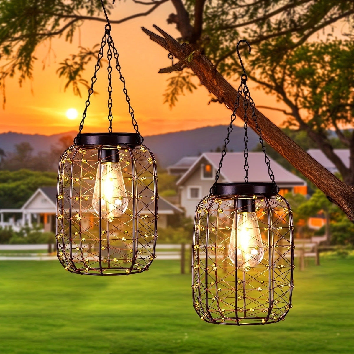 Solar Hanging Lanterns 2 Pack Outdoor Vintage Copper Wire LED Lantern Lights for Garden Patio Porch Gazebo Pergola Pathway Yard Decor