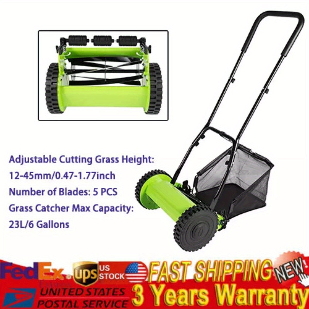 Manual Reel Lawn Mower 5-Blade Push Mower 11.8-Inch Cutting Width Adjustable Height 0.47"-1.77" with 6-Gallon Grass Catcher & Durable Steel Wheels for Residential Lawn
