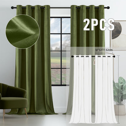 Velvet Room Darkening Curtains 2 Panels | Grommet Top Thermal Insulated Soundproof Blackout Curtains for Living Room Bedroom, Soft Solid Color Vintage Window Drapes