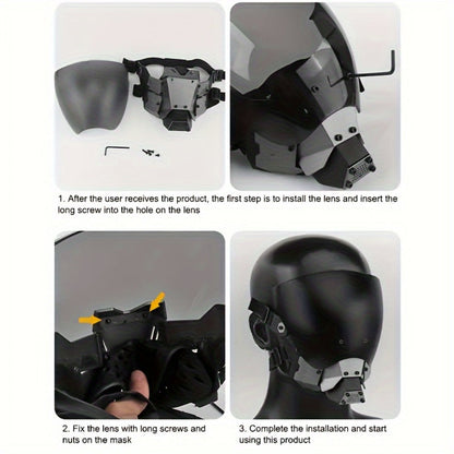 Black Reflective Cyberpunk Costume Mask with Full-Face Visor and Detachable Mechanical Lower Panel