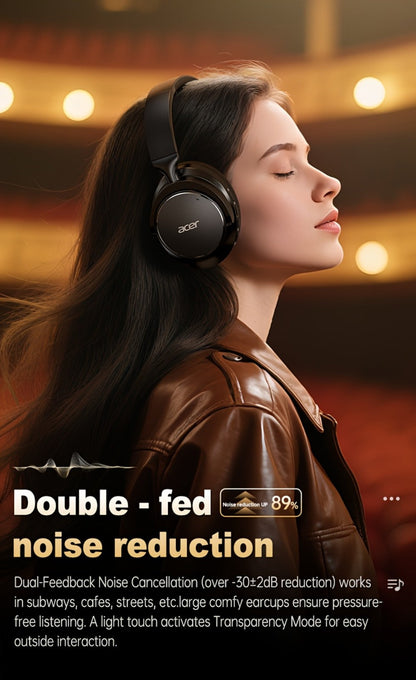 Acer OHR560 ANC Over-Ear Wireless Headphones, Full-Coverage Foldable Design HiFi Stereo HD ENC Call Noise Reduction Built-in Mic, 3.5mm Audio Cable Compatible for Work Travel Gaming Study