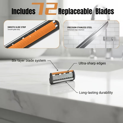 Men's Shaving Kit with Two Handles and 72 Six-Layer Replacement Blades for Beard and Mustache Grooming