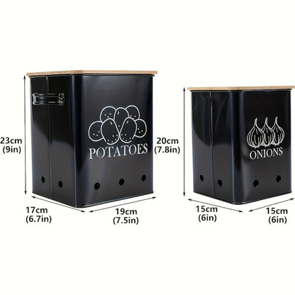 Kitchen Storage Canister Potato Onion Storage Bin Aerating Ventilation Holes Wooden Lid for Home Cooking, Dining and Outdoor Meals