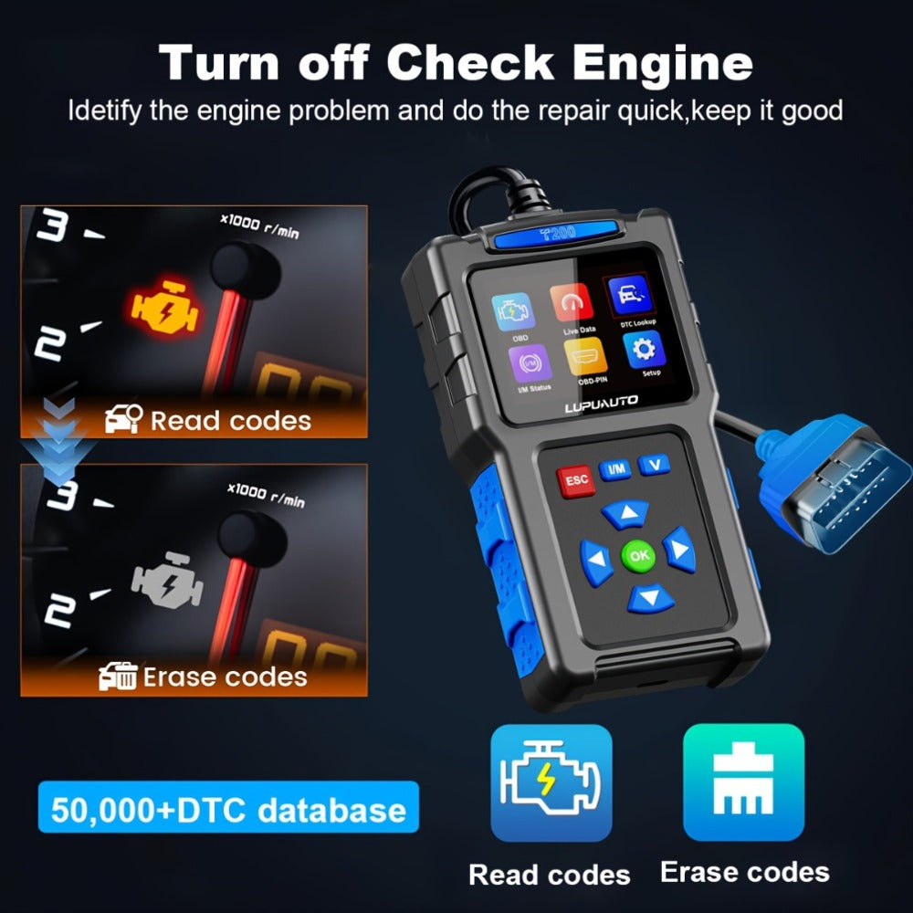 OBD2 Scanner Diagnostic Tool Plug and Play Read Clear Engine Codes Live Data I/M Readiness VIN Auto Detect 14 Languages for All OBDII Cars Since 1996 T200 T300