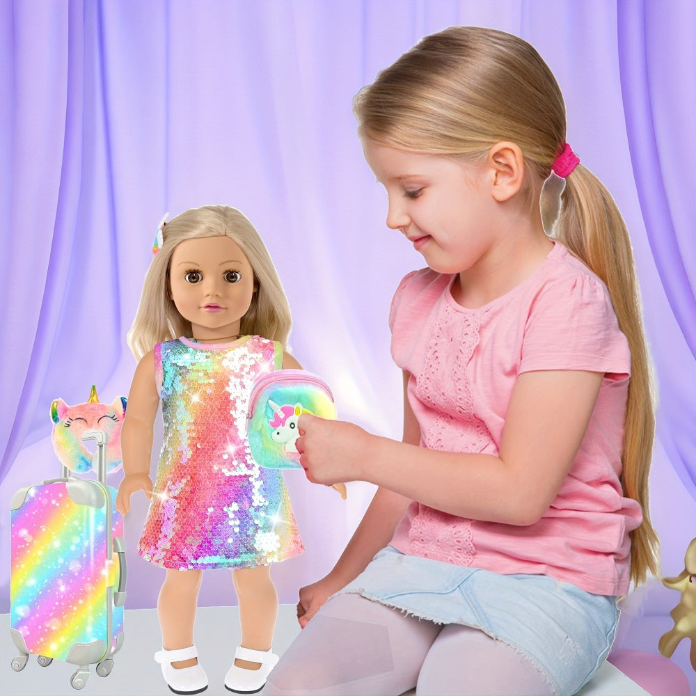 Twenty-Four-Piece Travel Accessory Set for 18-Inch Dolls with Rainbow Suitcase, Sequin Dress and Shoes