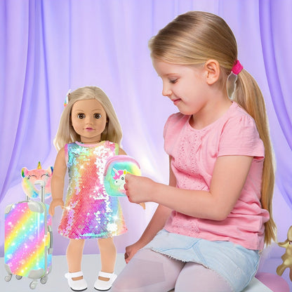 Twenty-Four-Piece Travel Accessory Set for 18-Inch Dolls with Rainbow Suitcase, Sequin Dress and Shoes