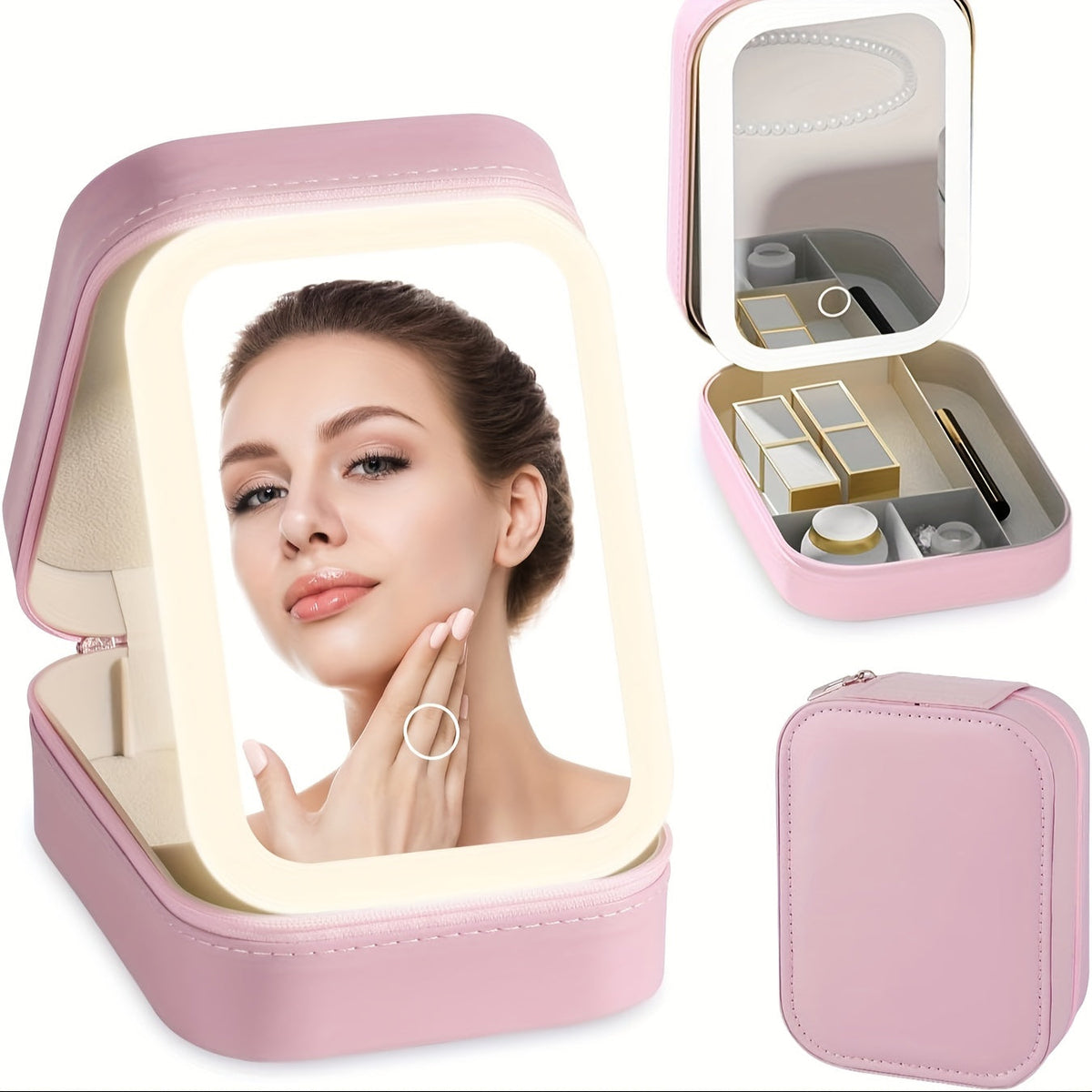 Lighted Makeup Case with LED Mirror & Cosmetic Organizer - 1200mAh Rechargeable USB Travel, for Makeup, Travel and Everyday Vanity Use