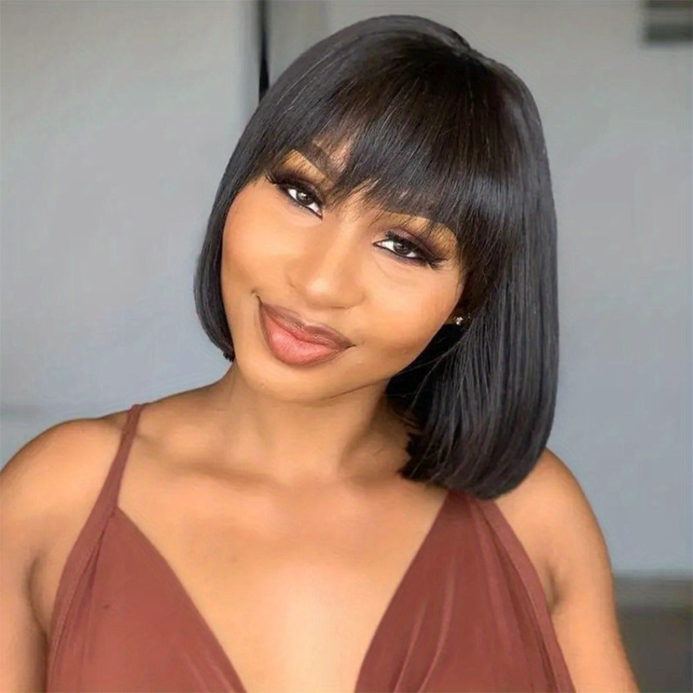 Brazilian Human Hair Bob Wig No Glue 200% Density Full Machine Made Straight with Bangs for Women | Natural Black 8 10 12 16 Inch | Glueless Beginner Friendly