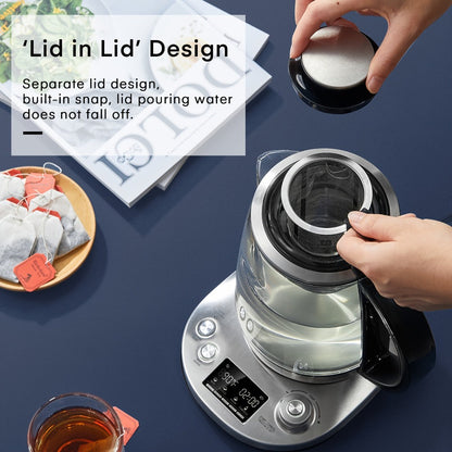 1.7L Glass Tea Kettle with 1200W Heating, Nine Temperature Presets, Removable Infuser and 2-Hour Keep Warm