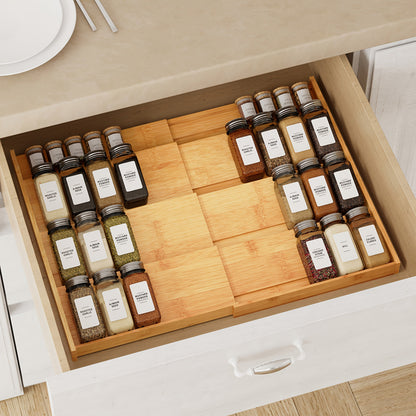 Bamboo Spice Drawer Organizer Expandable 4-Tier | Adjustable Width 12"-23" Fits 3" Deep Drawers | Space-Saving Kitchen Cabinet Seasoning Storage Tray for Spice Jars Bottles