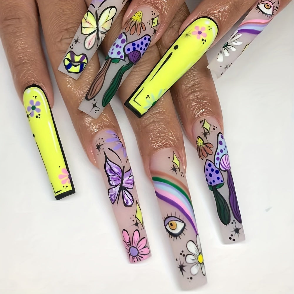 Press On Nails 120-Piece Extra-Long Set in Five Boxes with Cosmic, Crystal, Matte, Stripe and Floral Designs