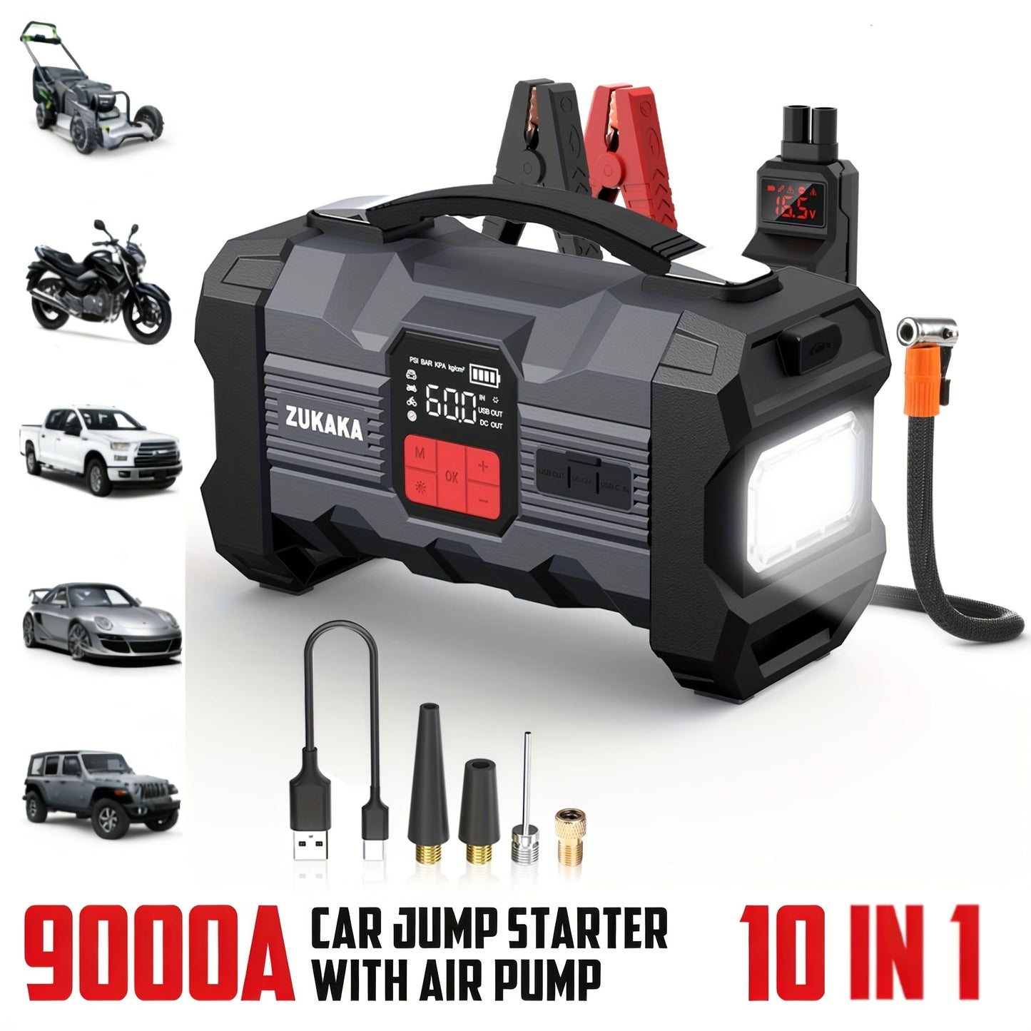 Jump Starter with Air Compressor 9000A Peak 10-in-1 150 PSI for All Gas 10L Diesel 12V USB USB-C Digital Display LED 10 Safety Protections Power Bank
