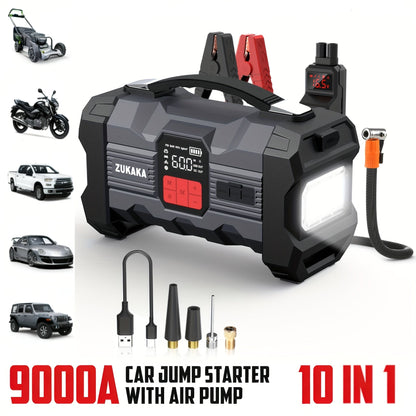 Jump Starter with Air Compressor 9000A Peak 10-in-1 150 PSI for All Gas 10L Diesel 12V USB USB-C Digital Display LED 10 Safety Protections Power Bank