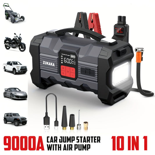 Jump Starter with Air Compressor 9000A Peak 10-in-1 150 PSI for All Gas 10L Diesel 12V USB USB-C Digital for Garden, Patio and Yard Use