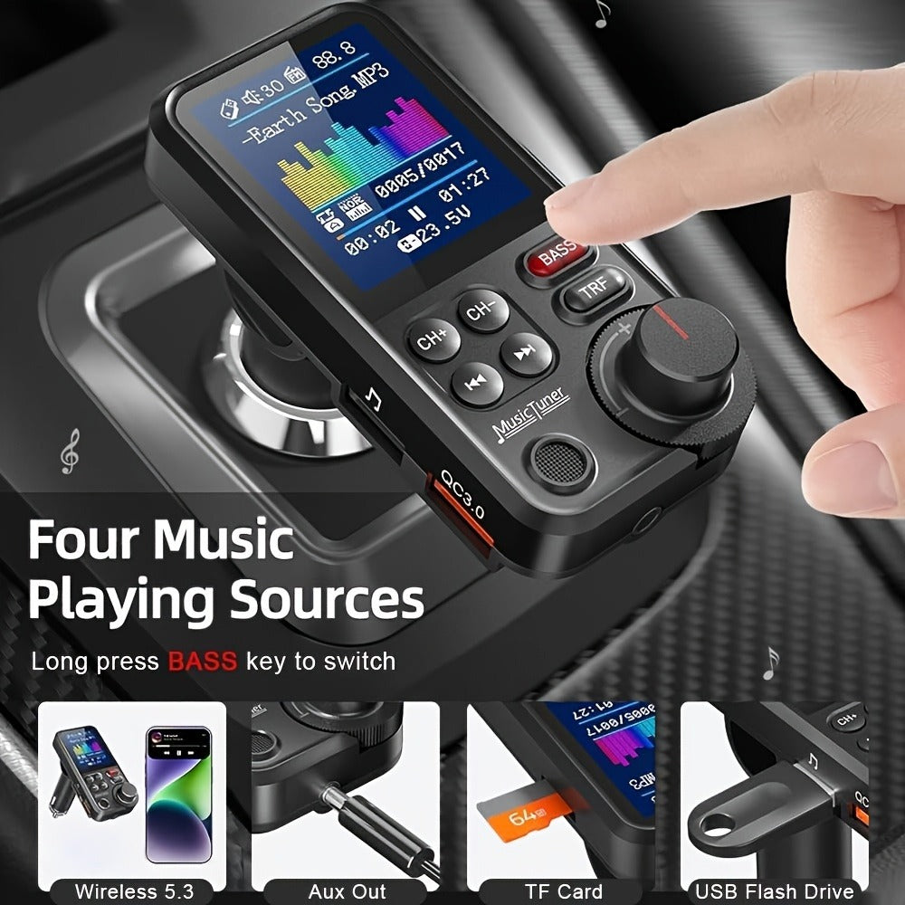 Car FM Bluetooth Transmitter with 1.8" Color Screen – 18W Fast Car Charger, Hands-Free Calls, Music Streaming, FM Modulator, Powerful Microphone, Compatible with Smartphones & Tablets