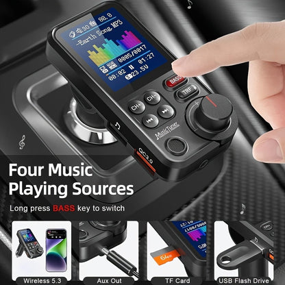 Car FM Bluetooth Transmitter with 1.8" Color Screen – 18W Fast Car Charger, Hands-Free Calls, Music Streaming, FM Modulator, Powerful Microphone, Compatible with Smartphones & Tablets