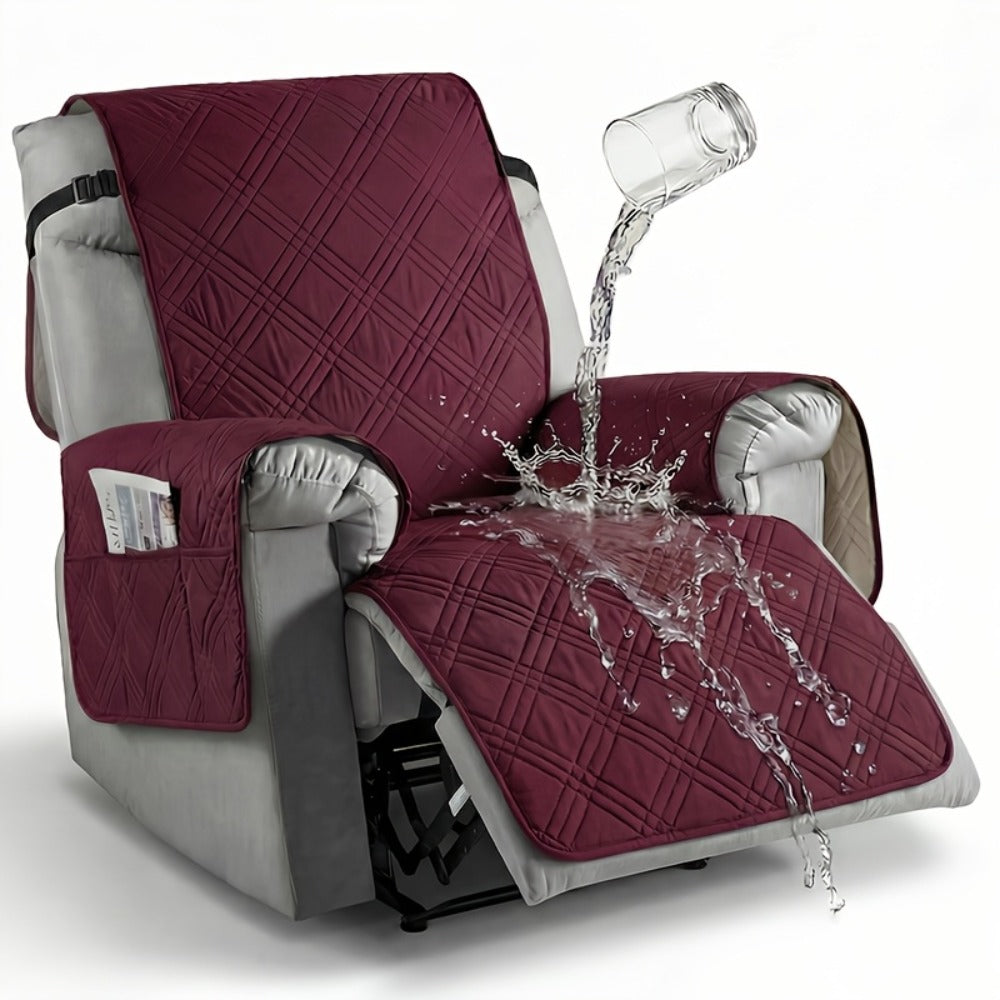 Quilted One-Piece Recliner Chair Cover with Side Pocket, Back Strap and Six Solid Color Options