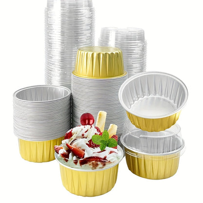 Aluminum Foil Baking Cups with Lids, Disposable Cupcake Molds with Spoons, Oven Safe Foil Dessert Cups for Pudding Muffins Mousse, Party Baking Supplies for Weddings Birthdays, 30 or 50 Sets