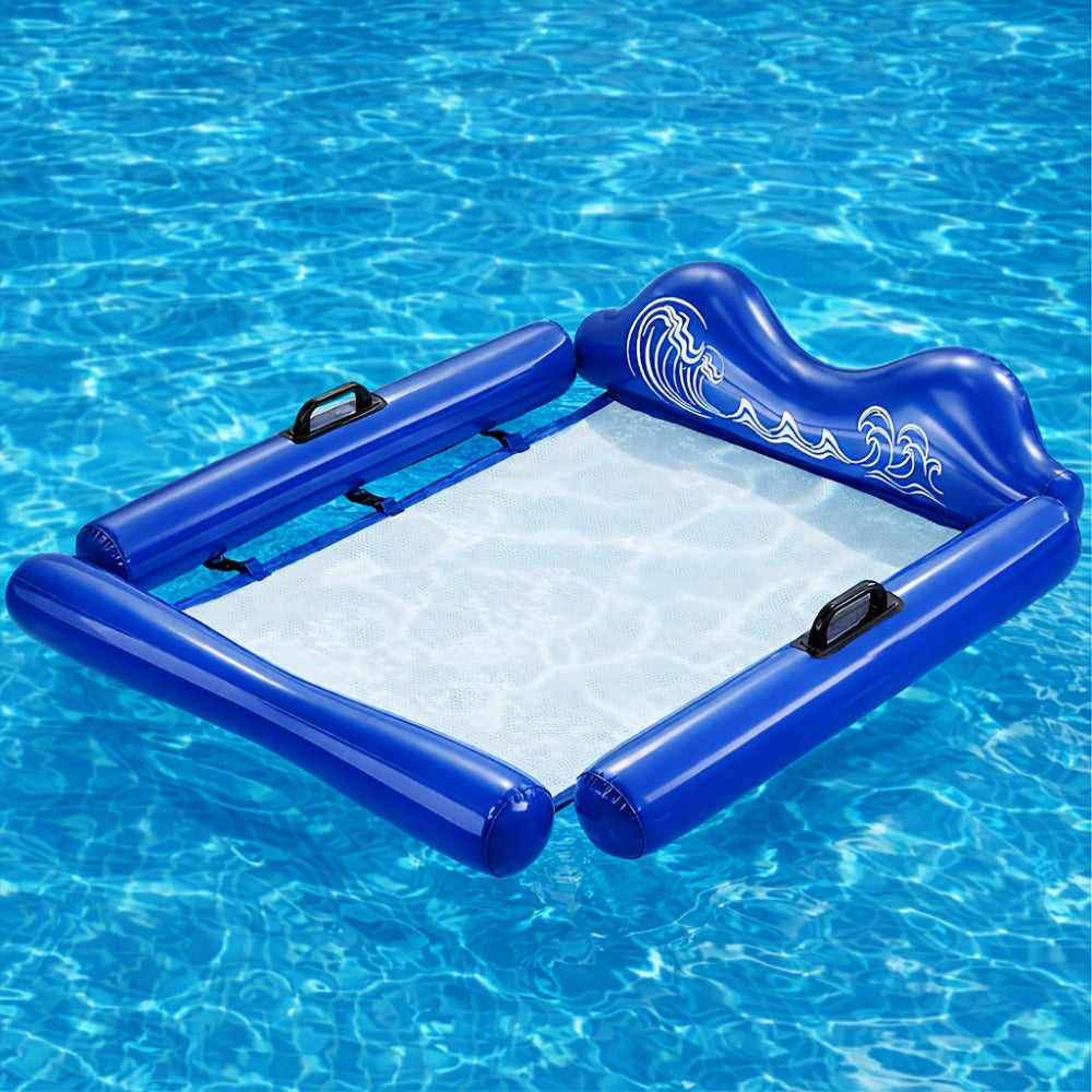 Blue Rectangular Pool Hammock with Mesh Center, Inflatable Headrest, Side Rails and Four Carry Handles