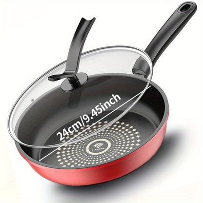 Cast Iron Frying Pan Non-Stick with Lid 9.45 Inch - Powder Coated Skillet Compatible with Induction Gas Electric Stove, Smoke-Reducing Healthy Cookware for Fried Eggs Steak Pancakes, Red Cast Iron Pan