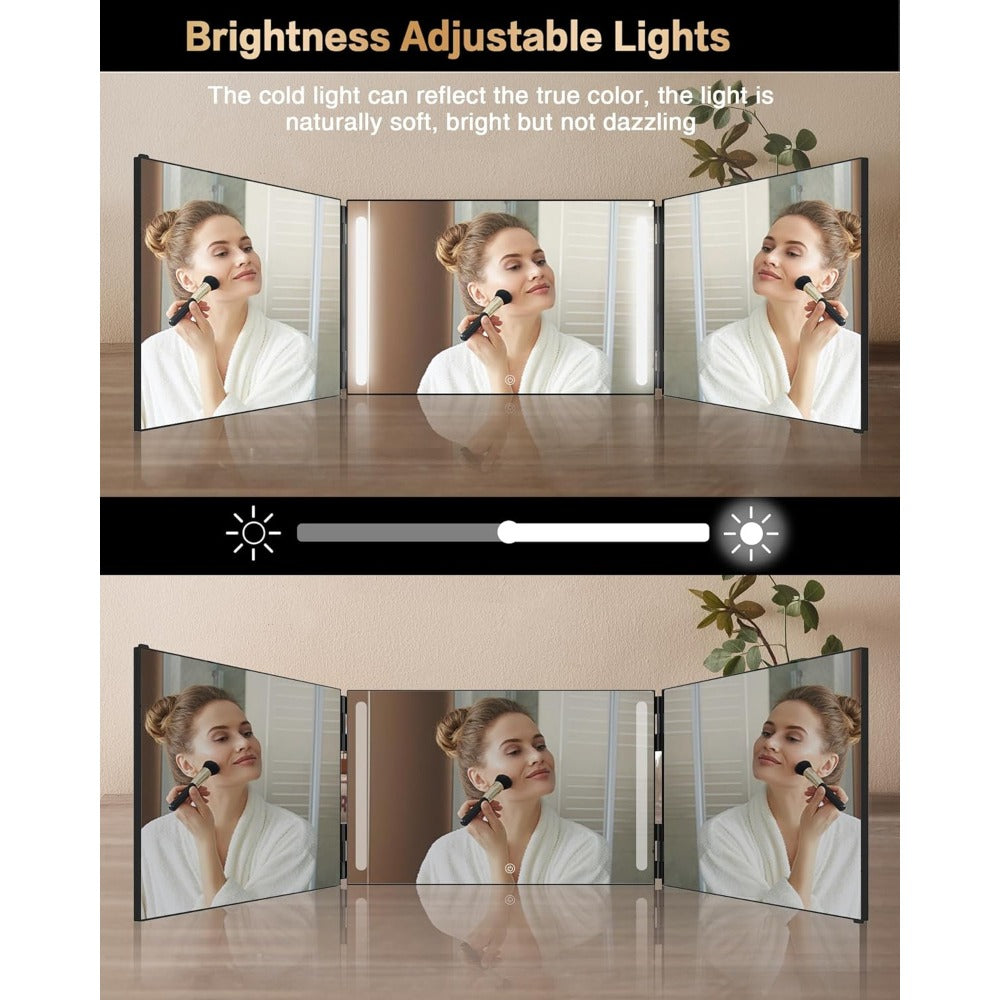Hair Cutting Mirror 3 Way with LED Light - 360° View Trifold Barber Mirror, Adjustable Height, Door Hang Wall Mount or Tabletop