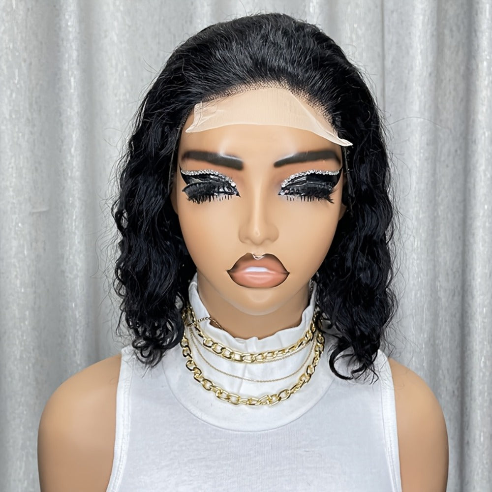 Lace Front Wig Deep-Wave Human Hair Bob, 12-Inch 1B or Natural Black with 4x4 Closure and 22.5-Inch Cap