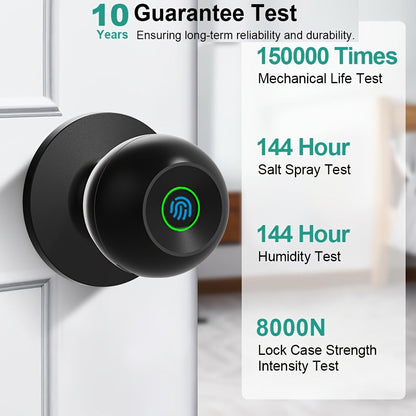 K10 Rechargeable Smart Door Knob with Fingerprint & App Control - 3-in-1 Keyless Entry, Entrance/Passage/Privacy Mode, Built-In Lithium Battery, No Battery Replacement, Matte Black & Brushed Nickel