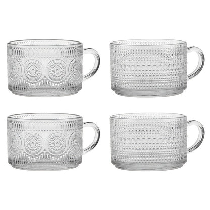 Glass Coffee Cups Set of 4 with Bamboo Lids and Spoons 450ml Vintage Embossed Iced Coffee Glasses for Cappuccino Latte Overnight Oats