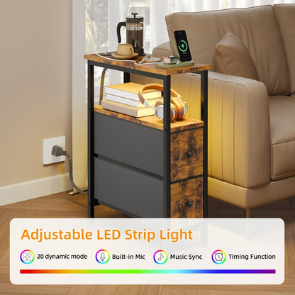 Nightstand with Charging Station Slim LED Bedside Table with Fabric Drawers, Narrow End Table for Small Spaces Bedroom Dorm Living Room Couch, Skinny Side Table Storage Unit Brown Black White