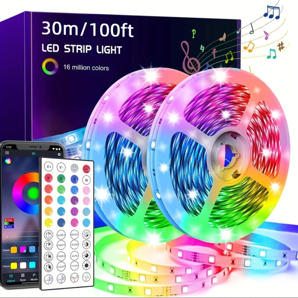 100ft RGB LED Strip Light Kit with Two 50ft Rolls, App Control, 44-Key Remote and 24V Adapter