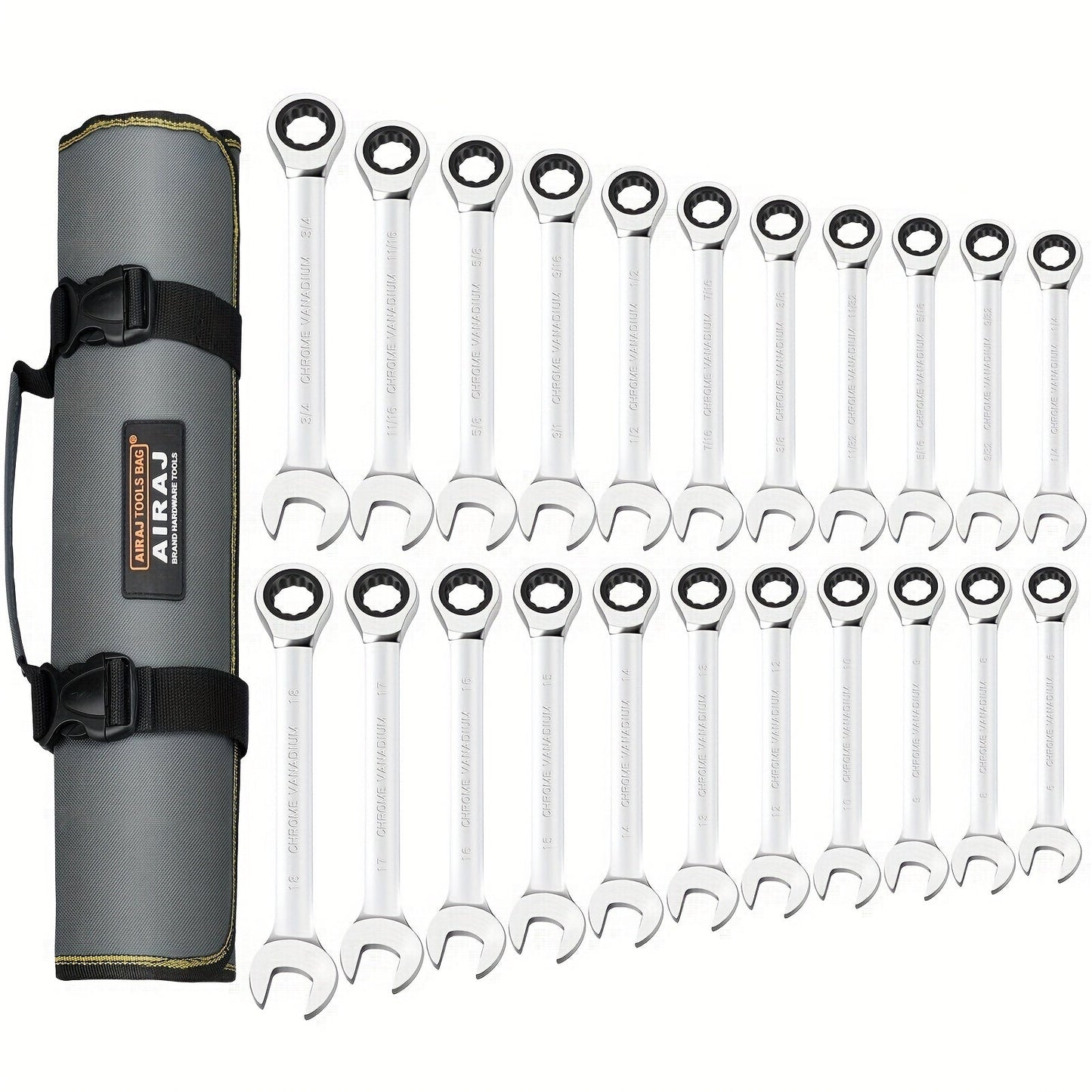 Twenty-Two-Piece SAE and Metric Combination Ratcheting Wrench Set with Storage Bag for Workshop Use