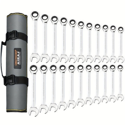 Twenty-Two-Piece SAE and Metric Combination Ratcheting Wrench Set with Storage Bag for Workshop Use
