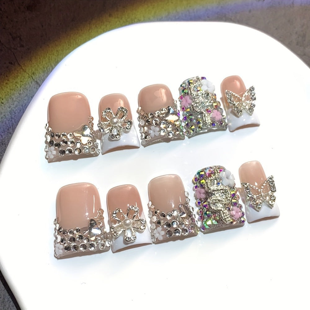 Press On Nails 10-Piece Duckbill Acrylic Set with White French, Floral and AB Shimmer Designs in S, M or L