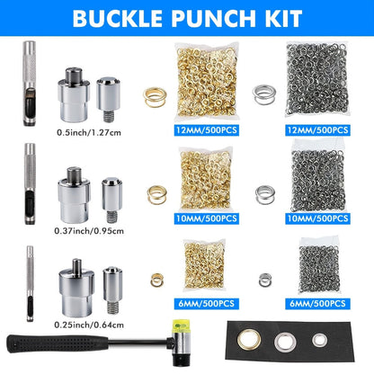 Grommet Machine Kit Heavy Duty Eyelet Punch Tool Set – 3 Setting Dies 3 Punching Dies 6mm 10mm 12mm Hand Press with 3000 Silver & Gold Grommets for Fabric Leather Canvas Tarp Crafts