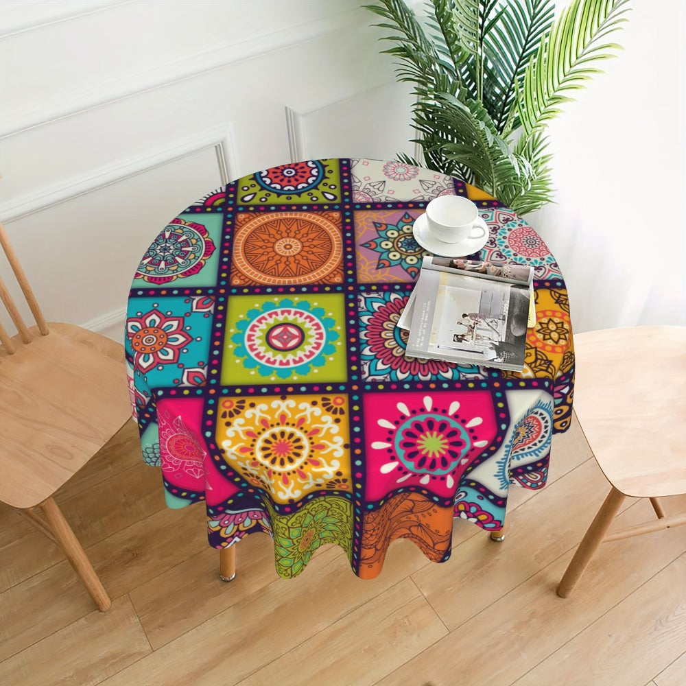 Tablecloth with Colorful Patchwork Mandala Print in Round, Square and Rectangle Size Options
