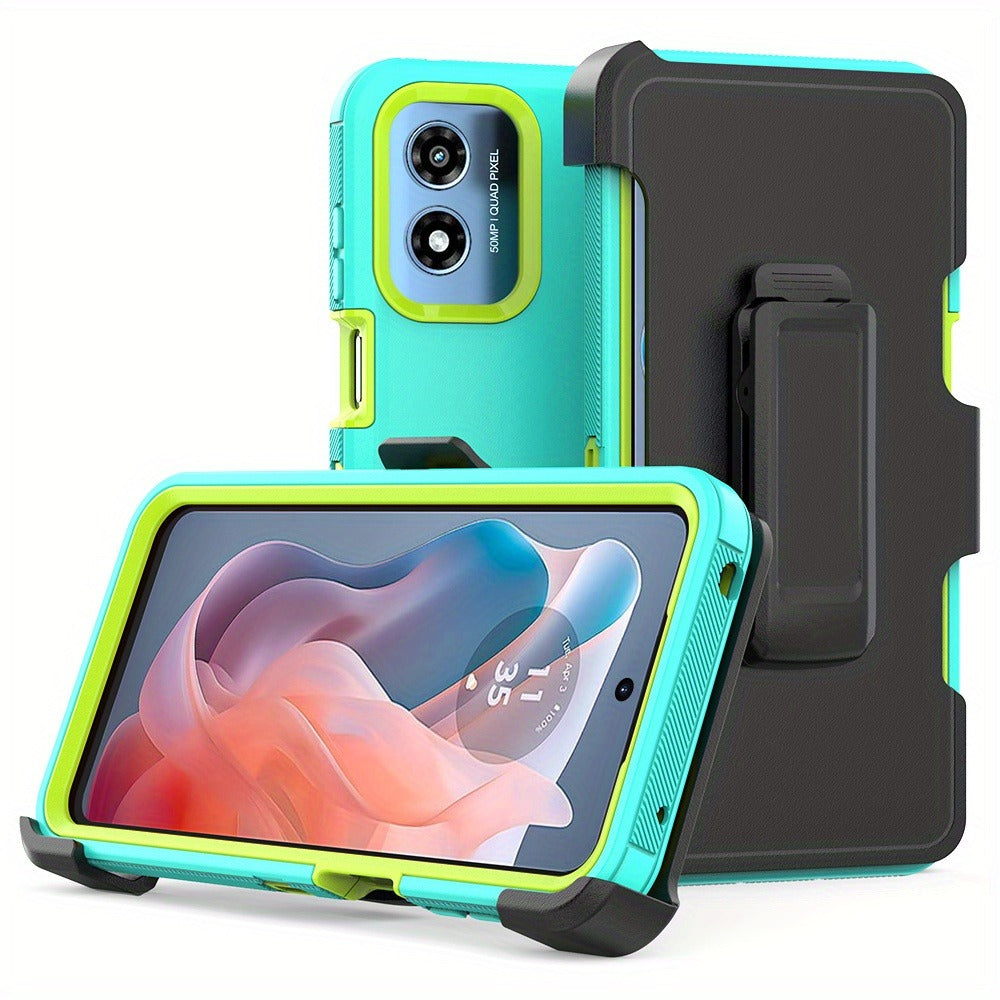 Phone Case Multi-Layer PC and TPU Cover with Belt Clip Holster and Kickstand for Moto G Play 2024