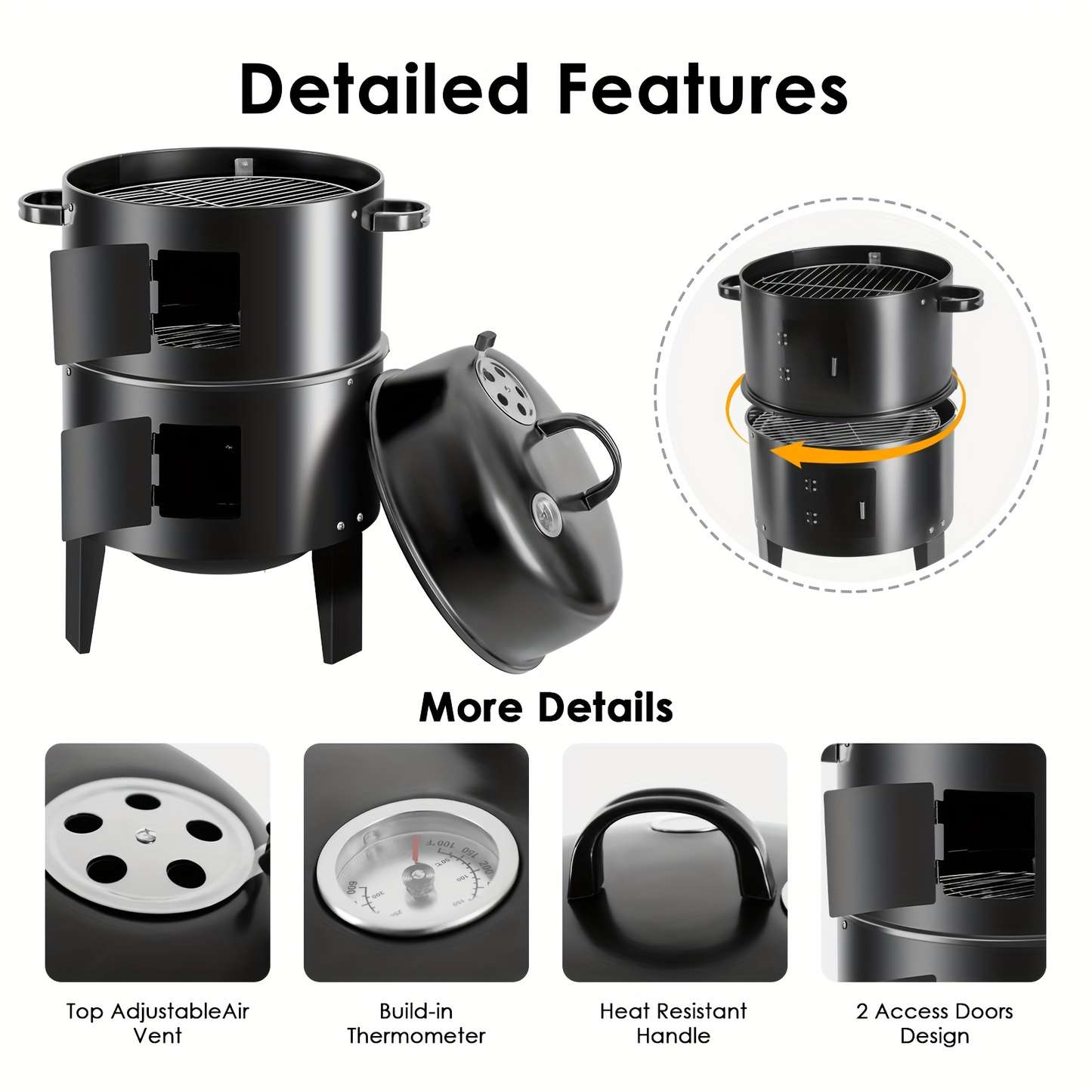 Charcoal Smoker Grill 16 Inch Vertical 3-Tier with Easy Temperature Control, Portable Outdoor Smoker for Simultaneous Smoking Grilling Cooking, Backyard Camping BBQ