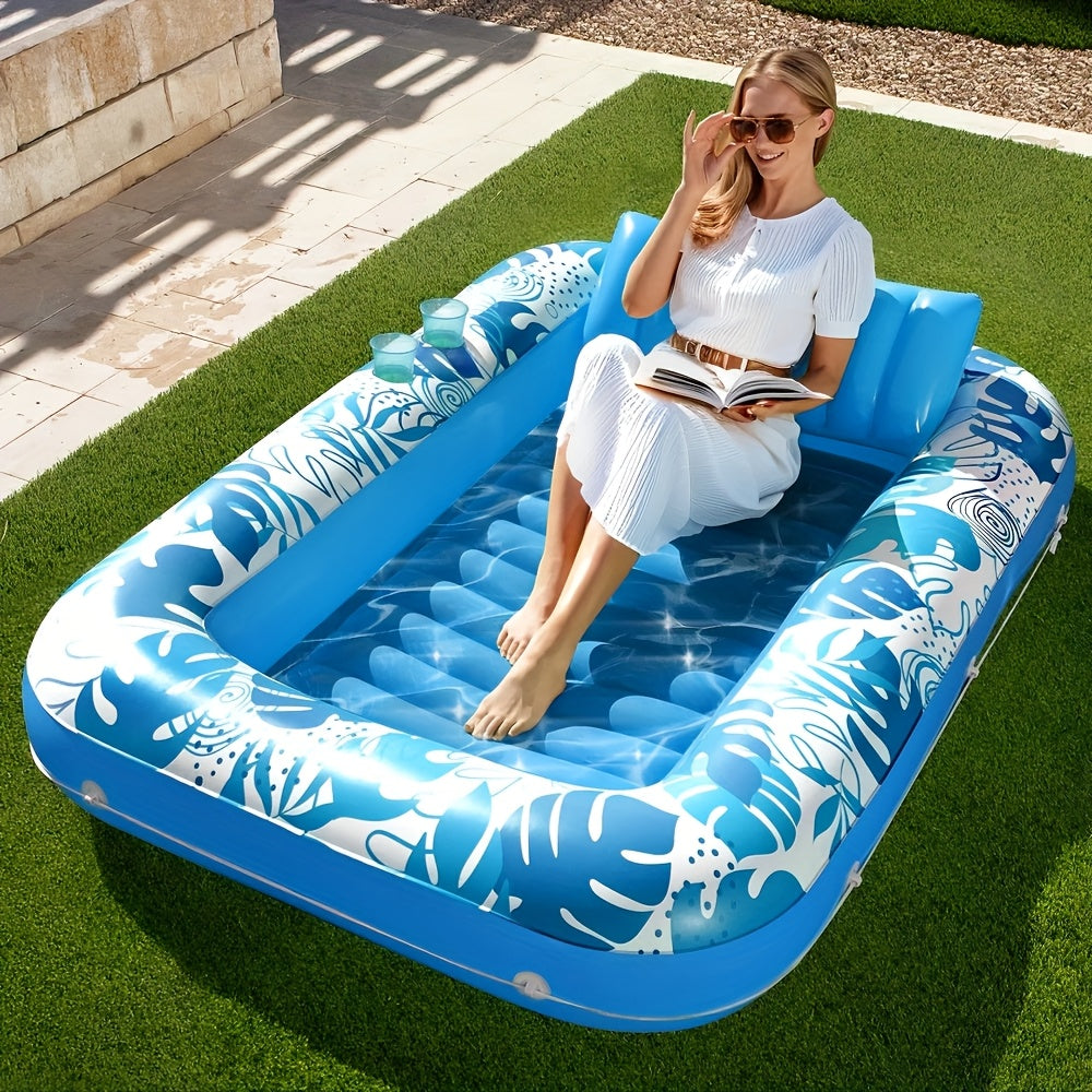70 x 46-Inch Inflatable Pool Float Tanning Bed in Blue with Open Center, Ribbed Base and Raised Pillow
