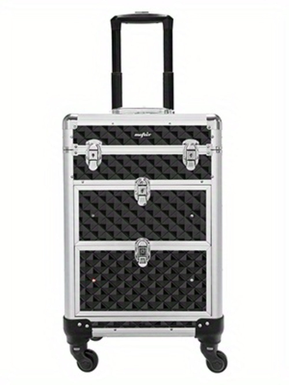 Black Rolling Makeup Train Case with Four Wheels, Telescoping Handle, Three Top Trays and Two Drawers
