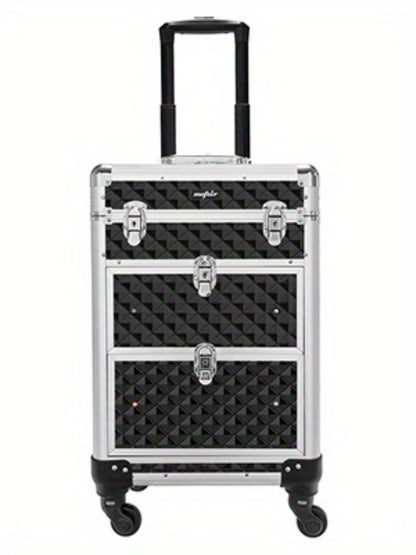 Black Rolling Makeup Train Case with Four Wheels, Telescoping Handle, Three Top Trays and Two Drawers