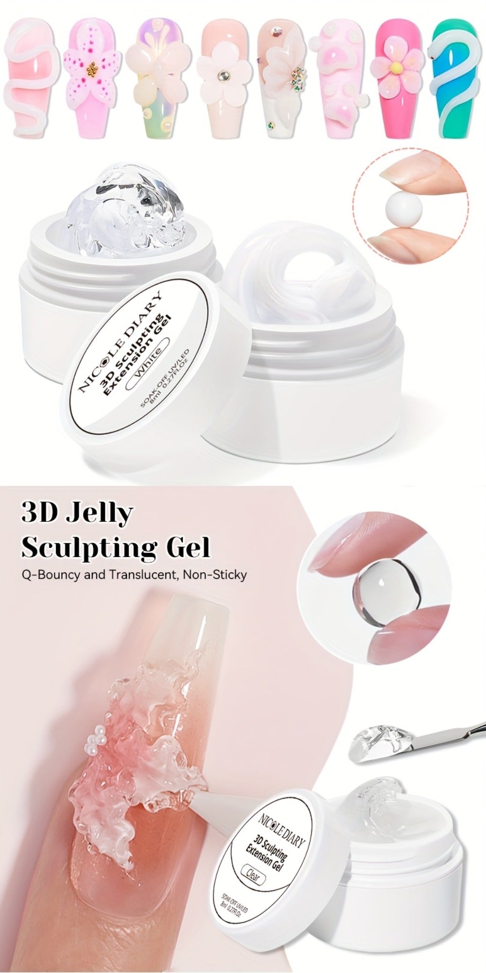 3D Sculpting Builder Gel Kit with Carving Pen — Clear & White Nail Extension Gel for Floral Nail Art, Acrylic Extensions & DIY Salon Manicure, Professional Nail Modeling Gel Set 2pcs or 3pcs for Women