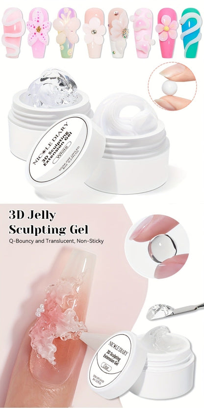 3D Sculpting Builder Gel Kit with Carving Pen — Clear & White Nail Extension Gel for Floral Nail Art, Acrylic Extensions & DIY Salon Manicure, Professional Nail Modeling Gel Set 2pcs or 3pcs for Women