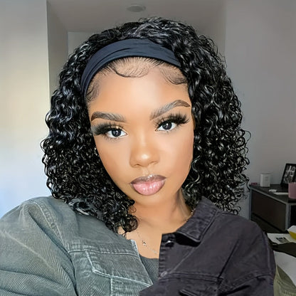 Black Curly Headband Wig in 12, 16 or 22 Inch Protected Length Options with Elastic Cap and Combs