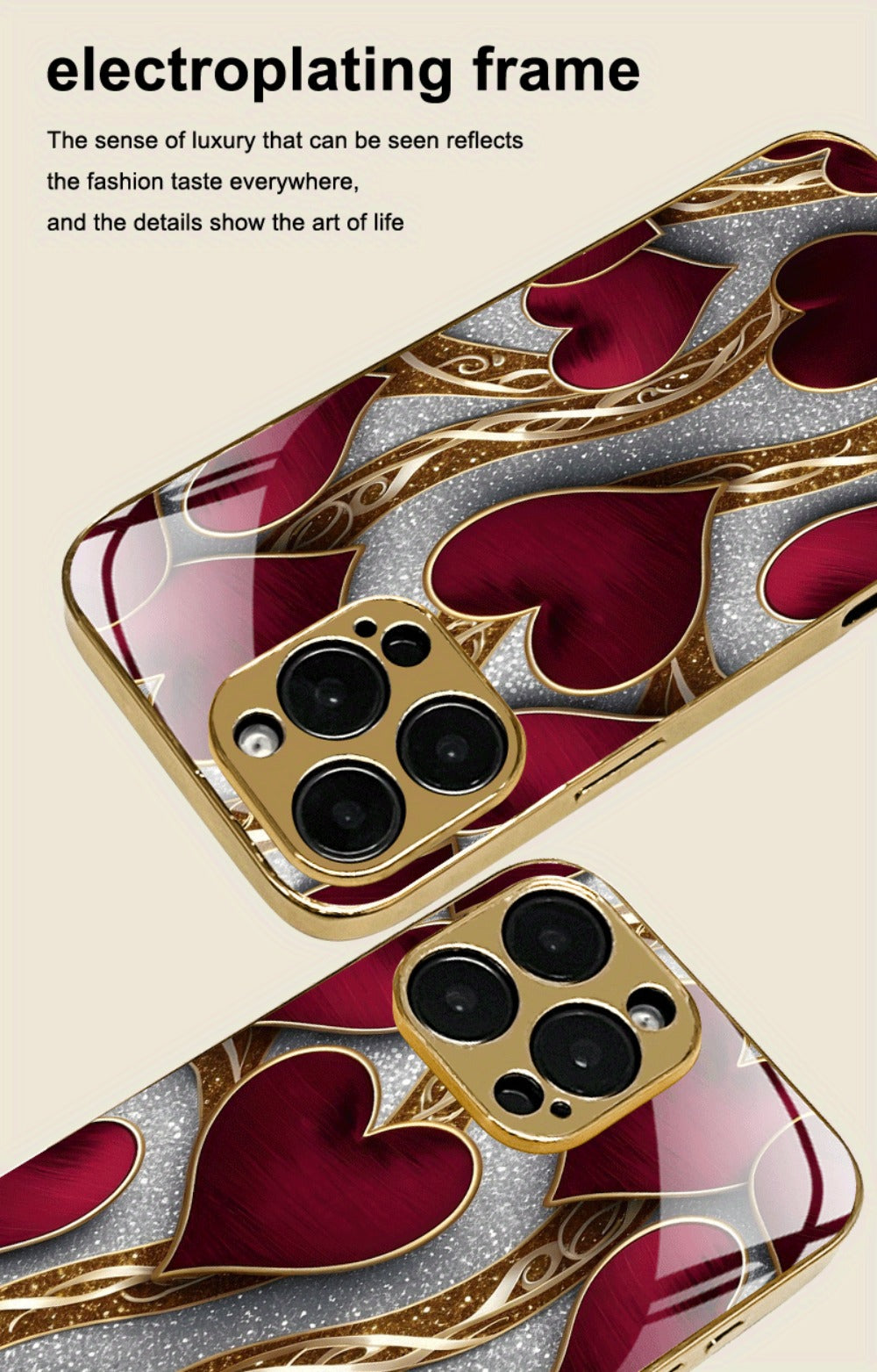 Phone Case Red and Gold Heart Pattern Slim Cover for Select iPhone and Samsung Galaxy Models