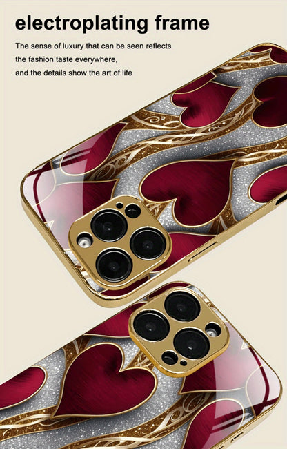 Phone Case Red and Gold Heart Pattern Slim Cover for Select iPhone and Samsung Galaxy Models